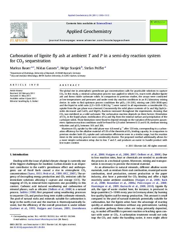 (PDF) Carbonation of lignite fly ash at ambient T and P in a semi-dry ...