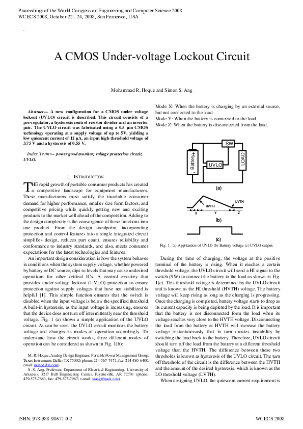 (PDF) A CMOS Undervoltage Lockout Circuit MOHAMMAD MOHIUL HOQUE