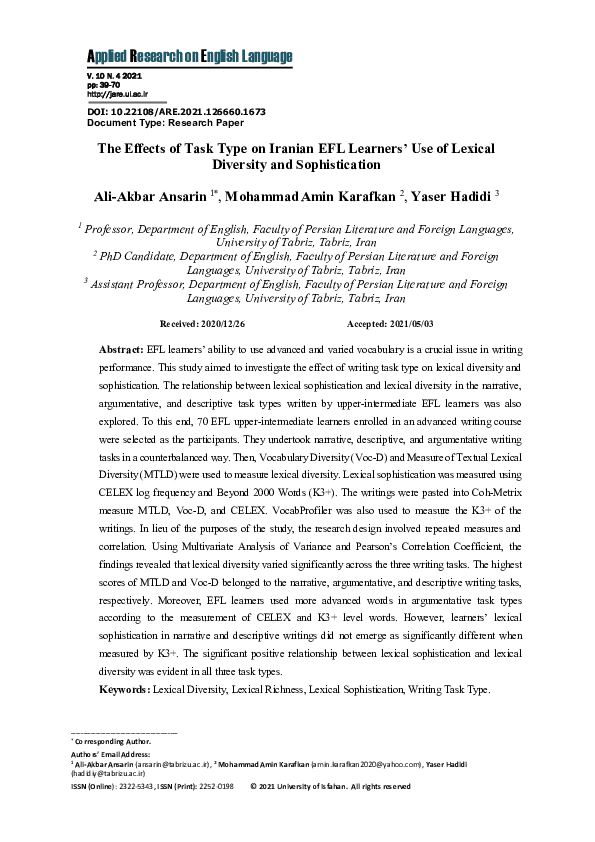 (PDF) The Effect of Task Type on Iranian EFL Learners’ Use of Lexical ...