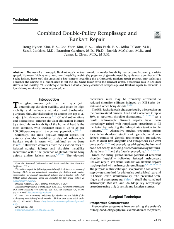 (PDF) Combined DoublePulley Remplissage and Bankart Repair Brandon