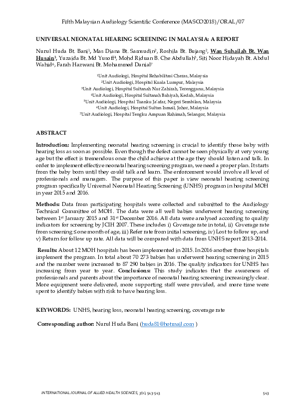 (PDF) Universal Neonatal Hearing Screening in Malaysia: A Report
