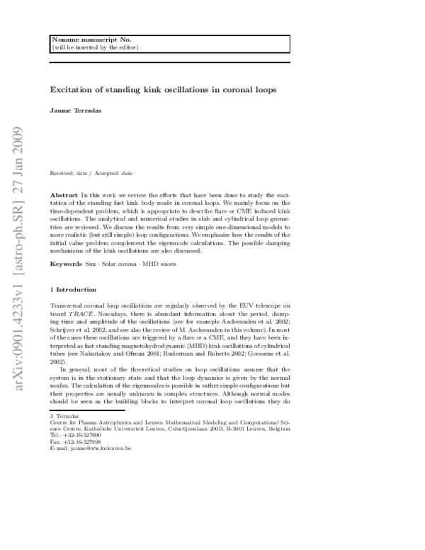 (PDF) Excitation of Standing Kink Oscillations in Coronal Loops