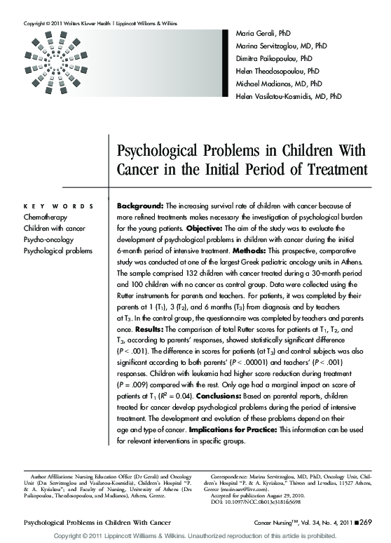 (PDF) Psychological Problems in Children With Cancer in the Initial ...