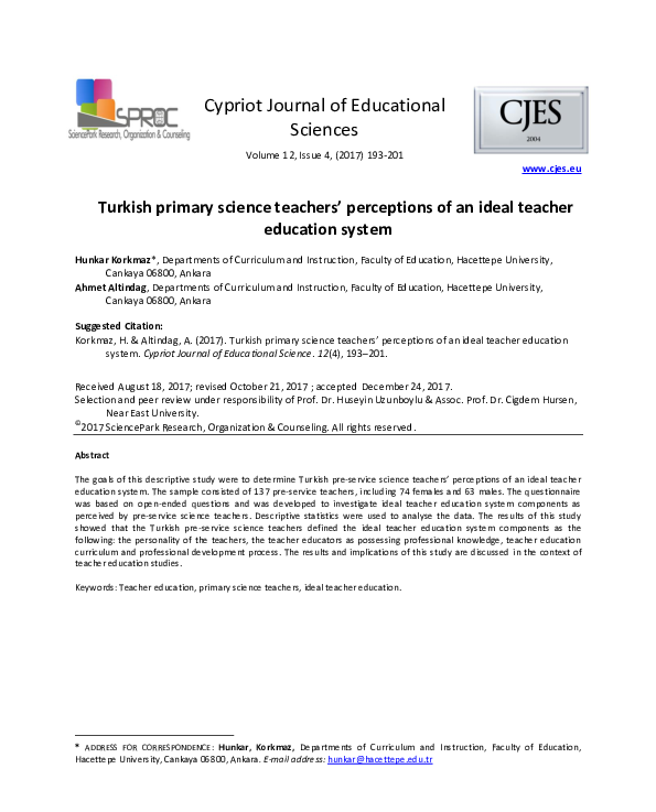 (PDF) Turkish Primary Science Teachers’ Views on An Ideal Teacher