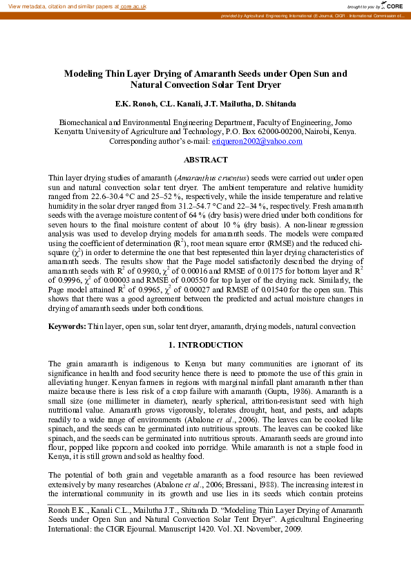 (PDF) Modeling Thin Layer Drying of Amaranth Seeds under Open Sun and ...