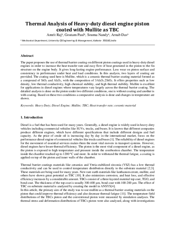 (PDF) Thermal Analysis of Heavy-duty diesel engine piston coated with ...