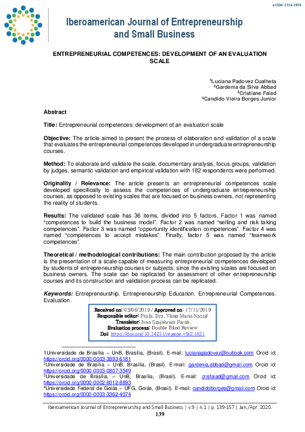 (PDF) Entrepreneurial Competences: Development of an Evaluation Scale