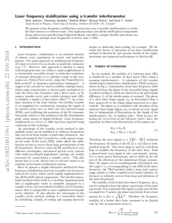 (PDF) Laser frequency stabilization using a transfer interferometer