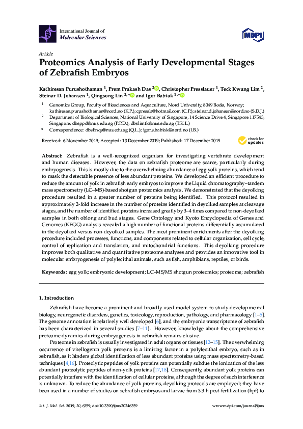 (PDF) Proteomics Analysis of Early Developmental Stages of Zebrafish ...