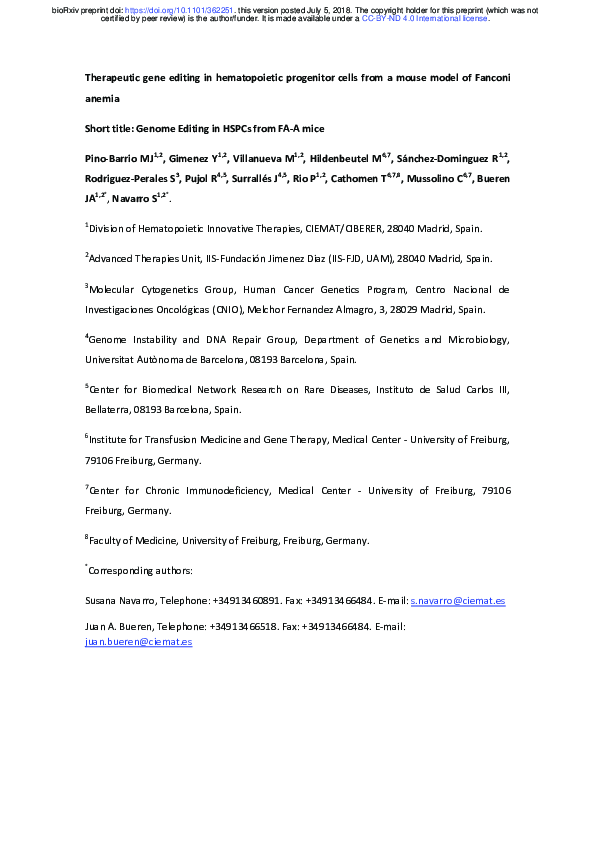 (PDF) Therapeutic gene editing in hematopoietic progenitor cells from a ...