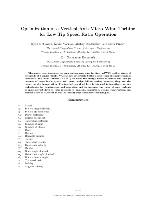 (PDF) Optimization of a Vertical Axis Micro Wind Turbine for Low Tip ...