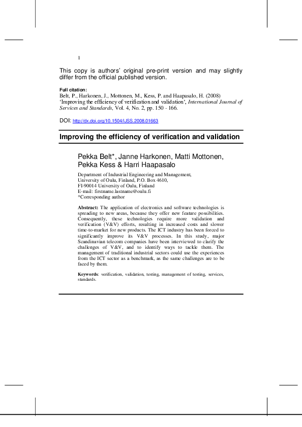 Pdf Improving The Efficiency Of Verification And Validation