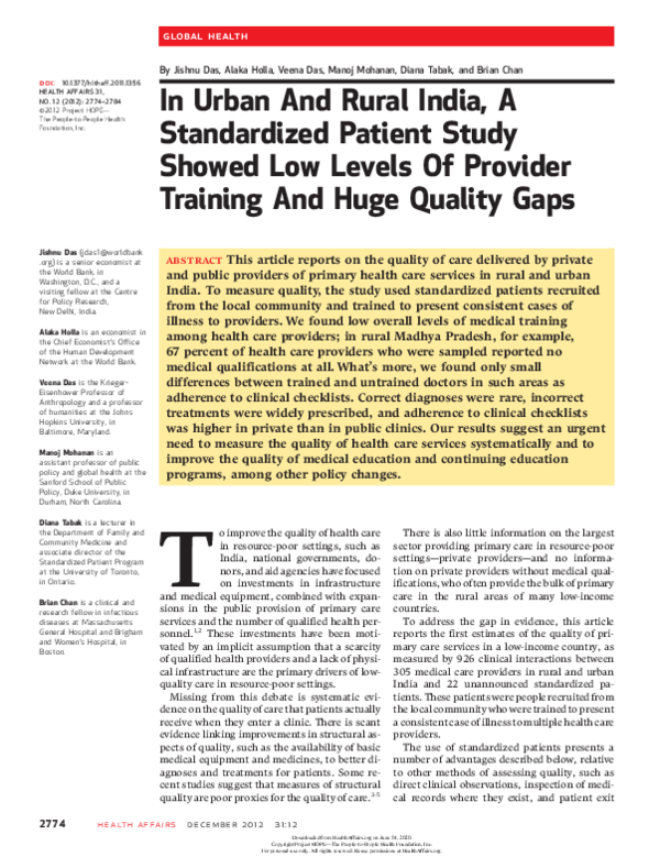 (PDF) In Urban And Rural India, A Standardized Patient Study Showed Low ...