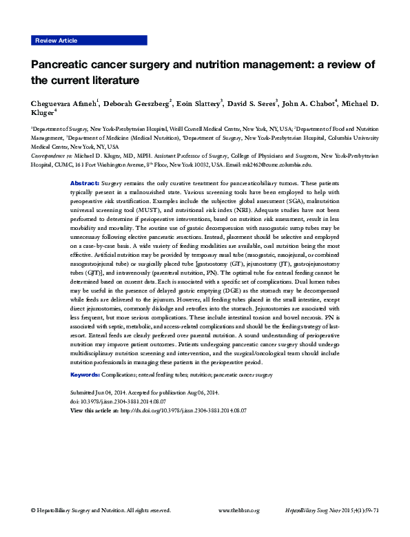 (PDF) Pancreatic cancer surgery and nutrition management: a review of ...