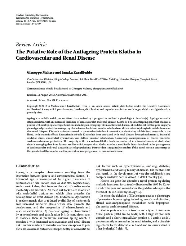 (PDF) The putative role of the antiageing protein klotho in ...