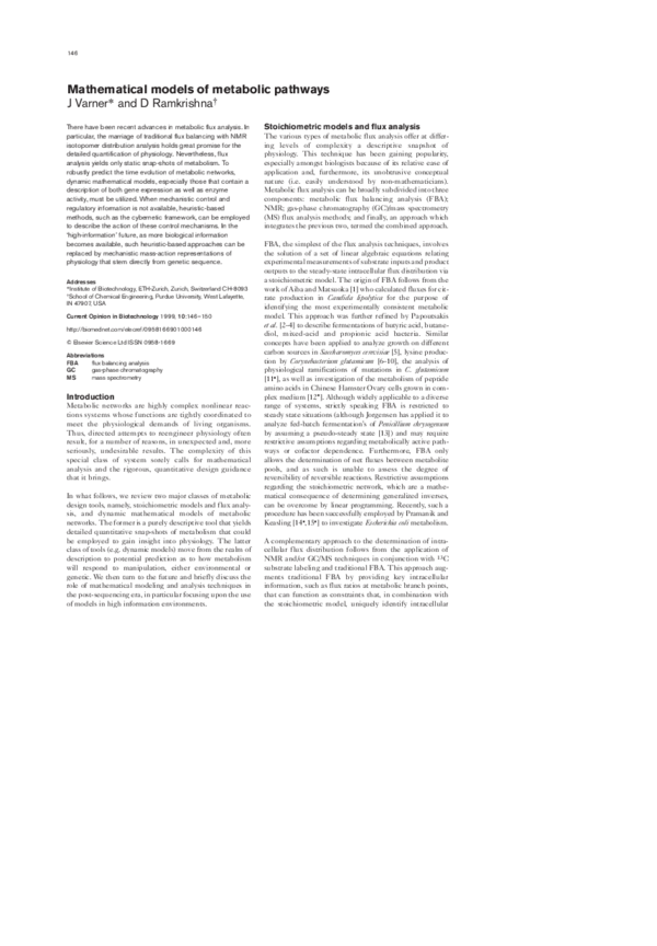 (PDF) Mathematical models of metabolic pathways
