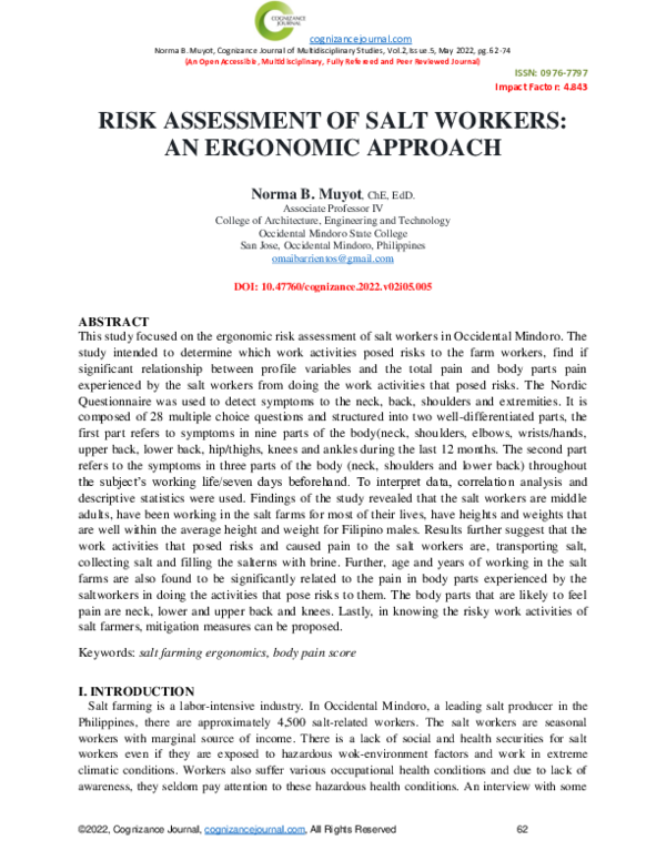 (PDF) RISK ASSESSMENT OF SALT WORKERS: AN ERGONOMIC APPROACH