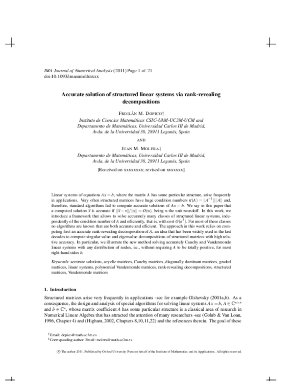 (PDF) Accurate solution of structured linear systems via rank-revealing ...