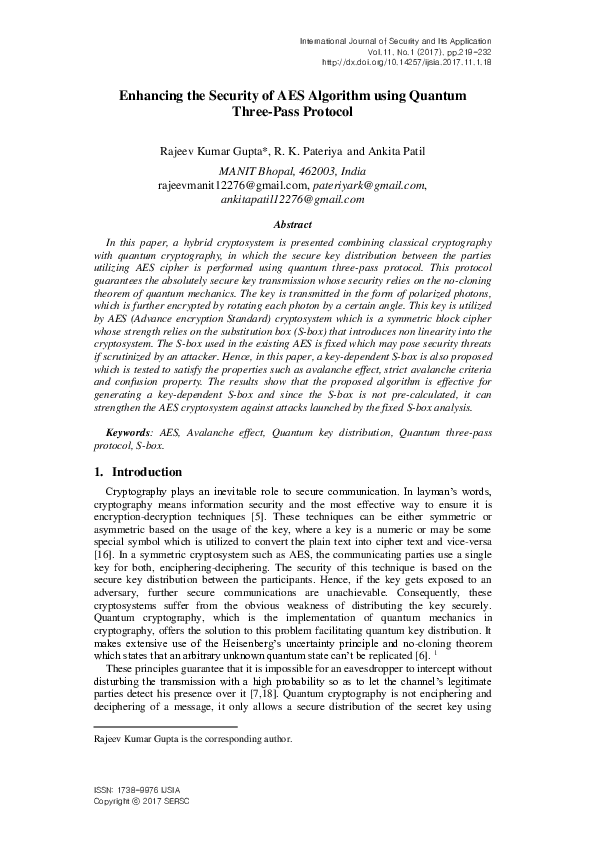 (PDF) Enhancing the Security of AES Algorithm using Quantum Three-Pass ...