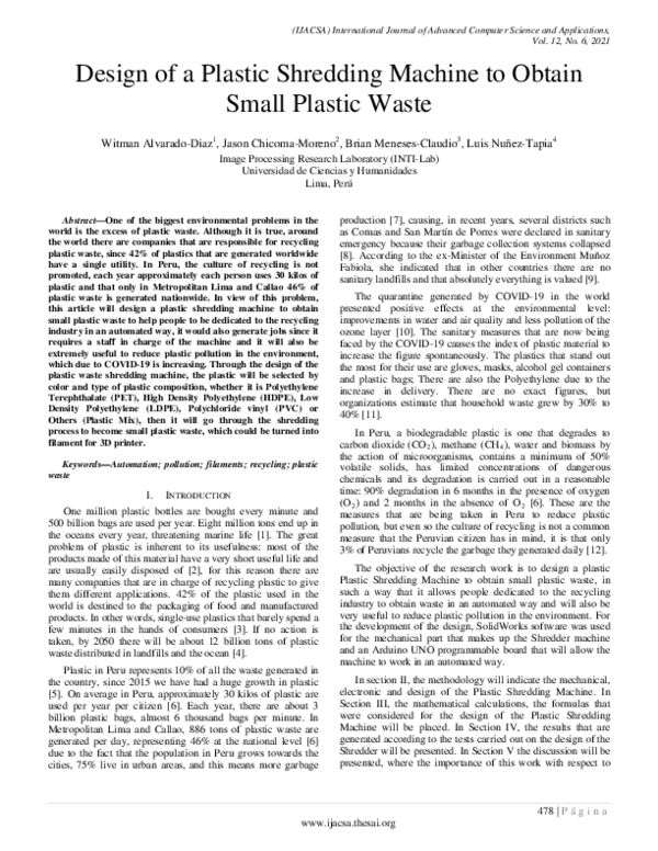 (PDF) Design of a Plastic Shredding Machine to Obtain Small Plastic Waste