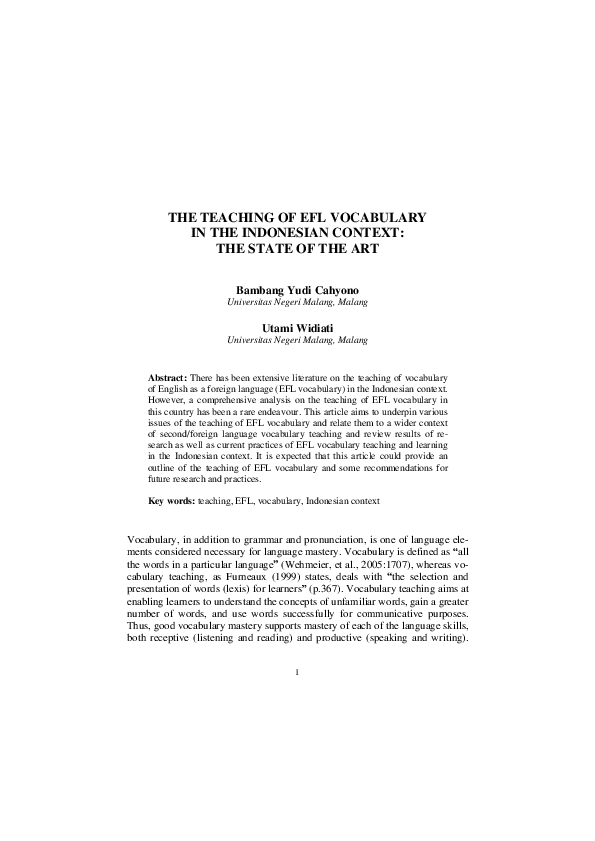 (PDF) The Teaching of Efl Vocabulary in the Indonesian Context: The ...