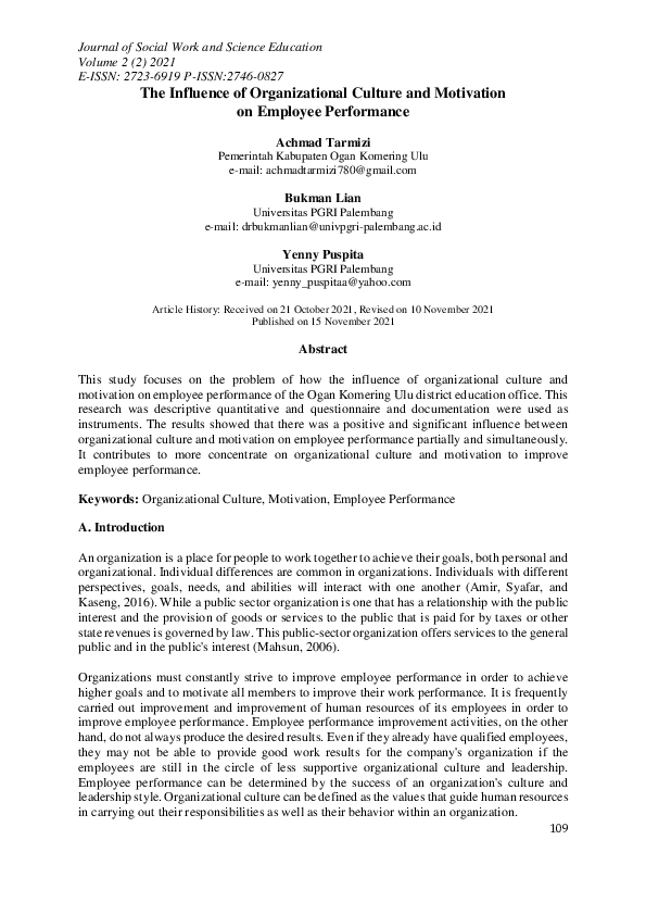 (PDF) The Influence of Organizational Culture and Motivation on ...