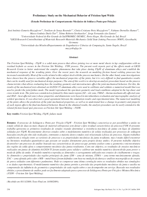 (PDF) Preliminary study on the mechanical behavior of friction spot welds