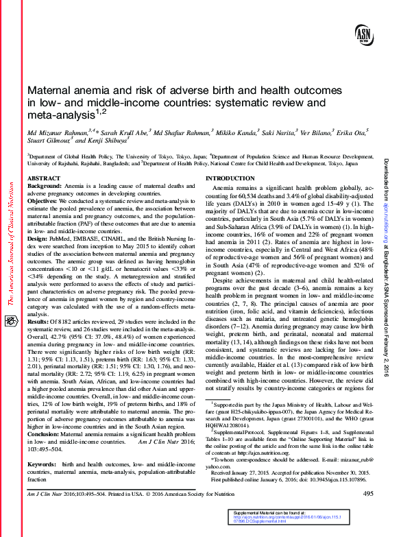 (PDF) Maternal anemia and risk of adverse birth and health outcomes in ...