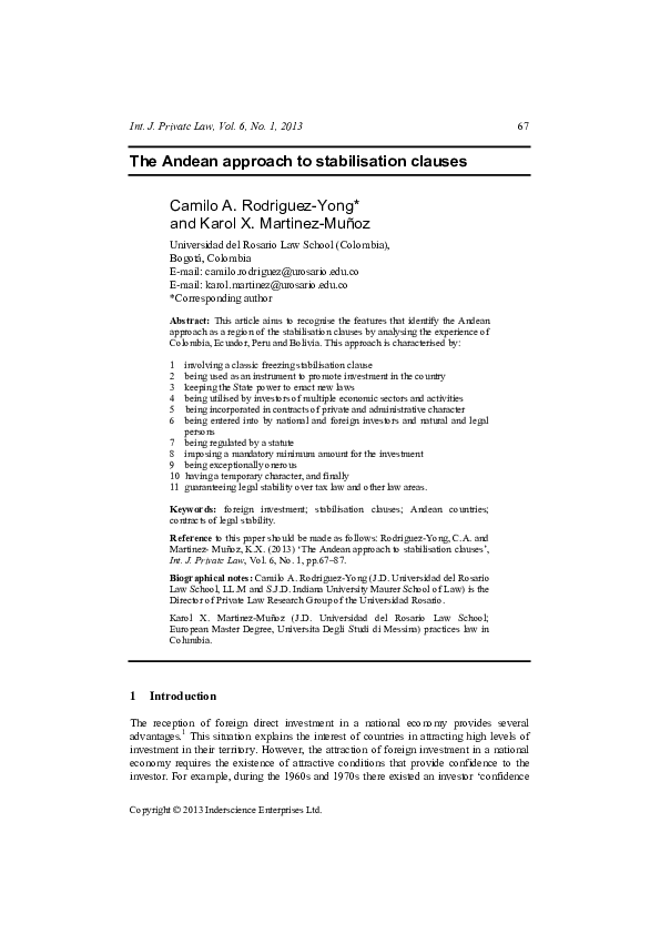 (PDF) The Andean approach to stabilisation clauses