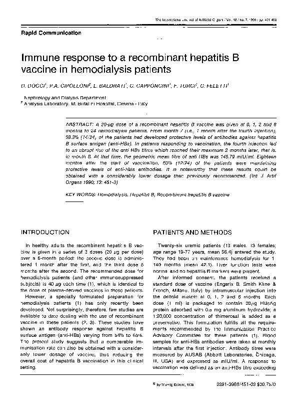 (PDF) Immune Response to a Recombinant Hepatitis B Vaccine in ...