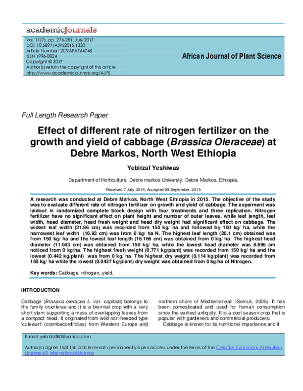 (PDF) Effect of different rate of nitrogen fertilizer on the growth and ...