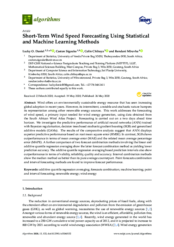 (PDF) Short-Term Wind Speed Forecasting Using Statistical and Machine ...