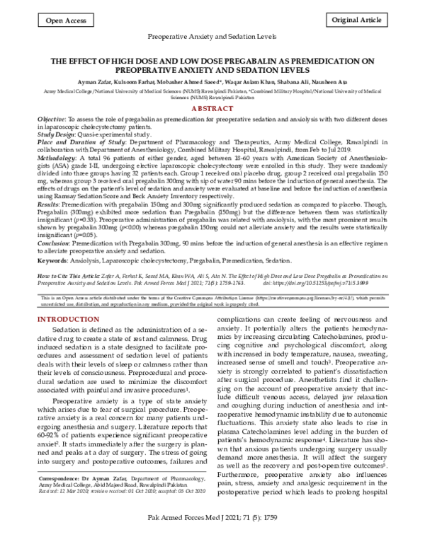 (PDF) The Effect of High Dose and Low Dose Pregabalin as Premedication ...