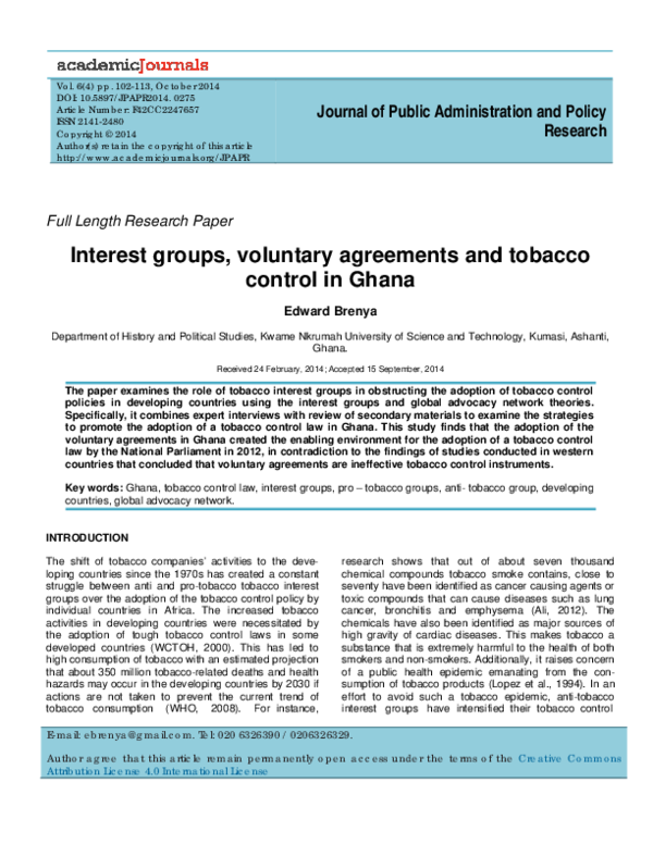 PDF) Interest groups, voluntary agreements and tobacco control in Ghana