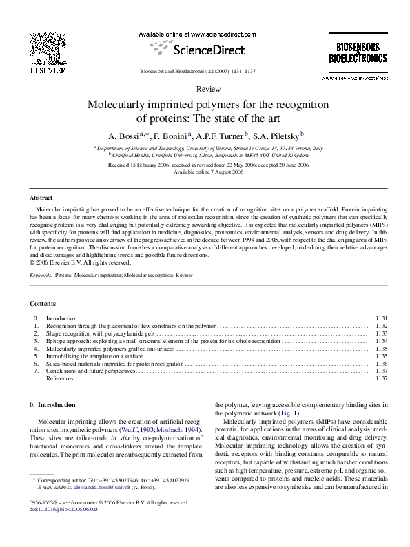 (PDF) Molecularly imprinted polymers for the recognition of proteins ...