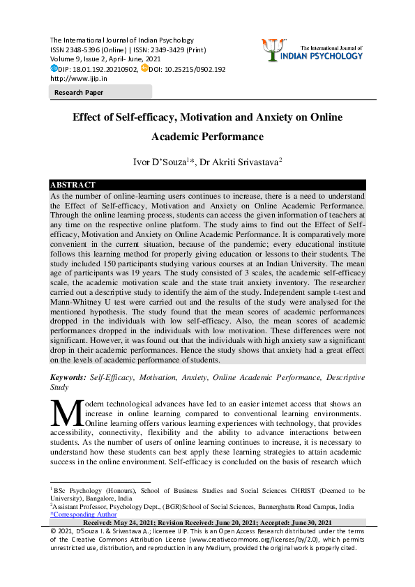 (PDF) Effect of Self-efficacy, Motivation and Anxiety on Online ...