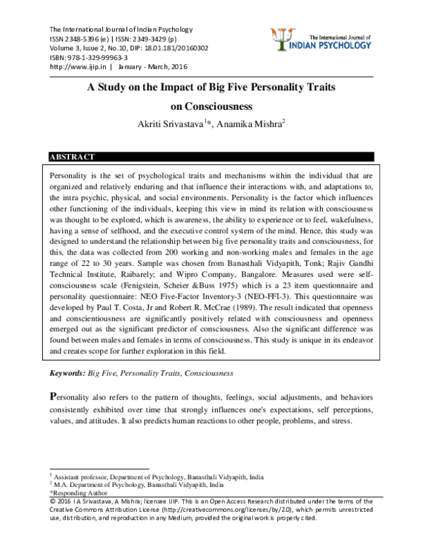 (PDF) A Study on the Impact of Big Five Personality Traits on Consciousness