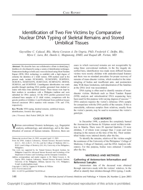 (PDF) Identification of Two Fire Victims by Comparative Nuclear DNA ...
