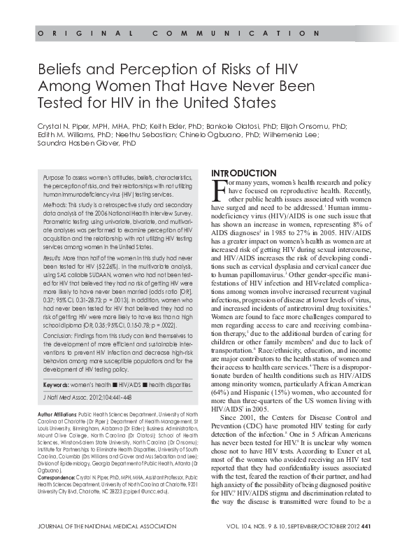 (PDF) Beliefs and Perception of Risks of HIV Among Women That Have ...