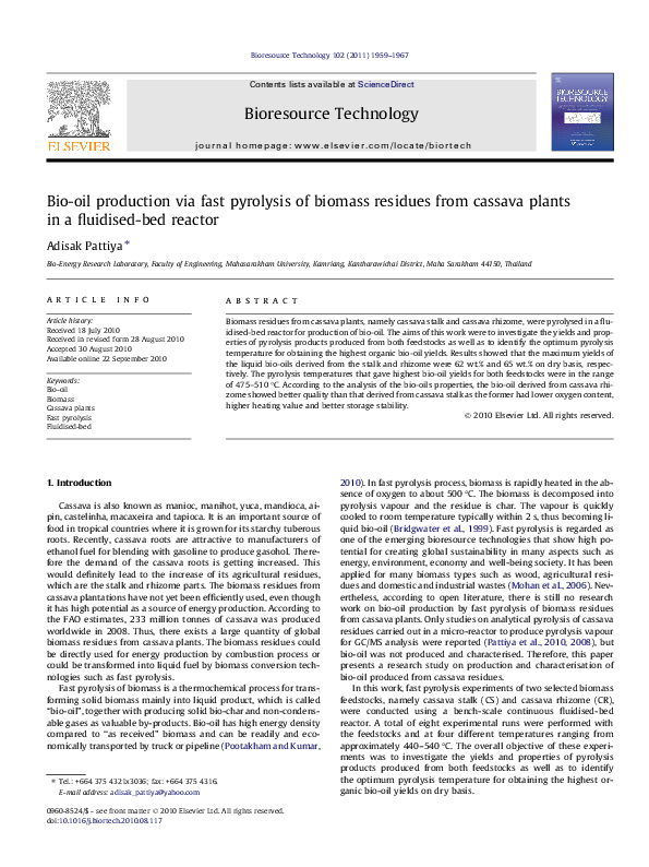 (PDF) Bio-oil production via fast pyrolysis of biomass residues from ...