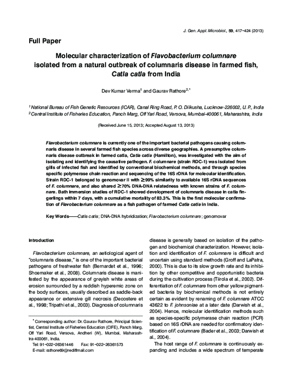 (PDF) Molecular characterization of Flavobacterium columnare isolated ...