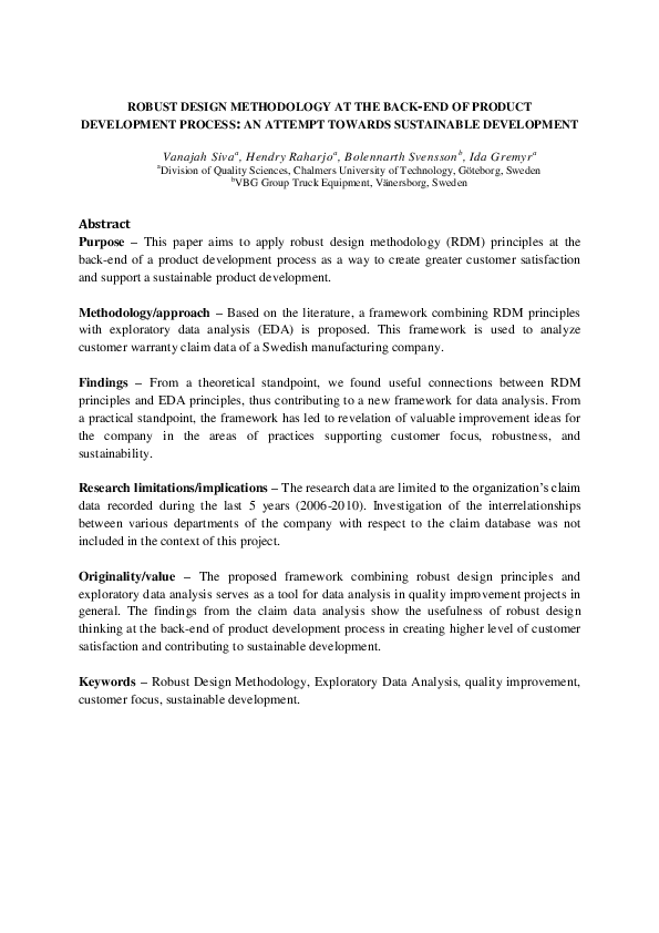 (PDF) Robust Design Methodology at the Back-End of Product Development ...