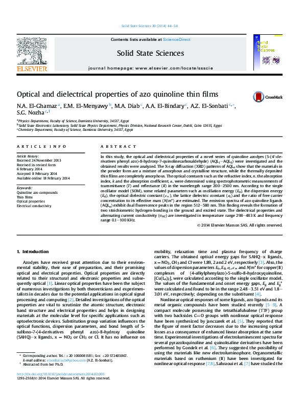 (PDF) Optical and dielectrical properties of azo quinoline thin films