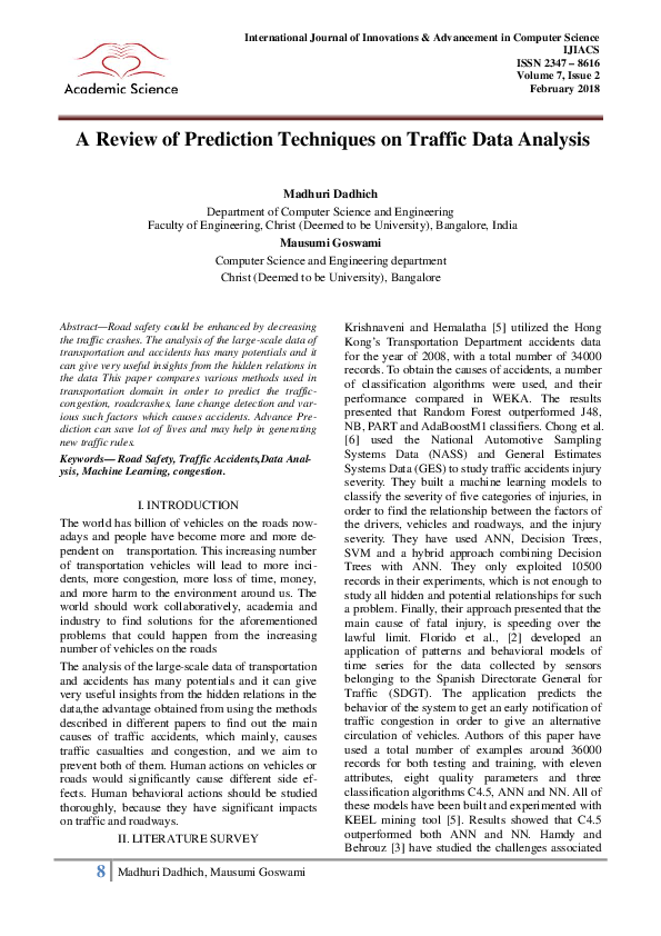 (PDF) A Review of Prediction Techniques on Traffic Data Analysis
