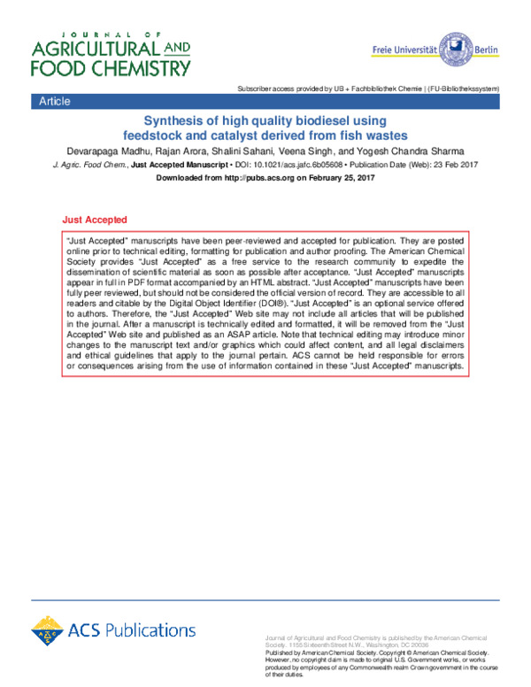 (PDF) Synthesis of High-Quality Biodiesel Using Feedstock and Catalyst ...