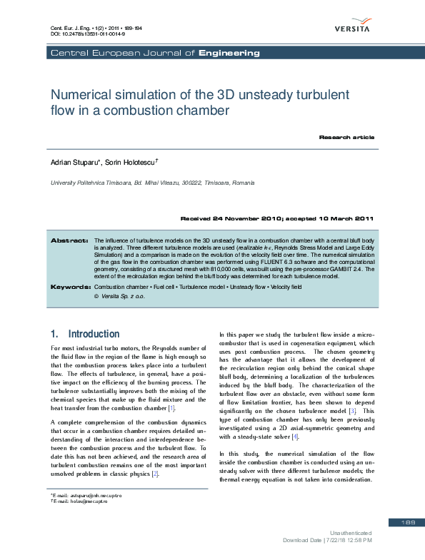 (PDF) Numerical simulation of the 3D unsteady turbulent flow in a ...