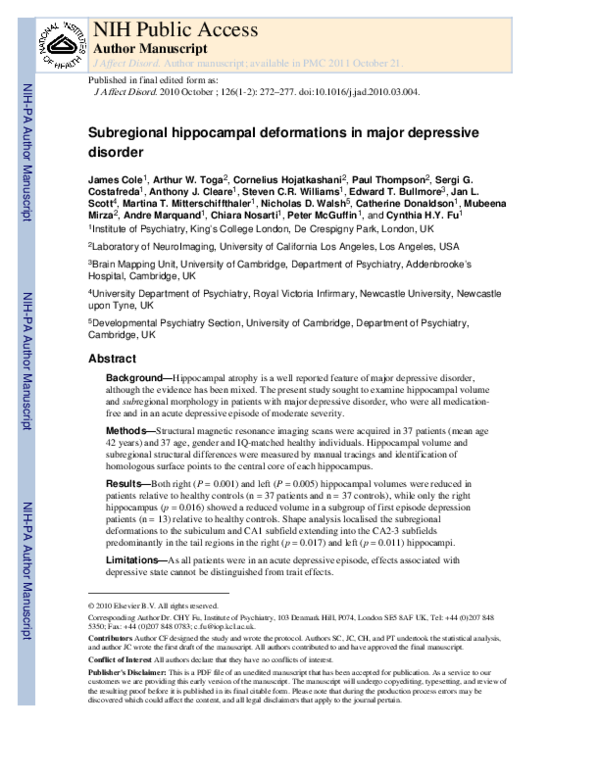 (PDF) Subregional hippocampal deformations in major depressive disorder ...
