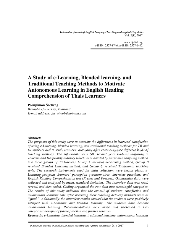 (PDF) A Study of e-Learning, Blended learning, and Traditional Teaching ...