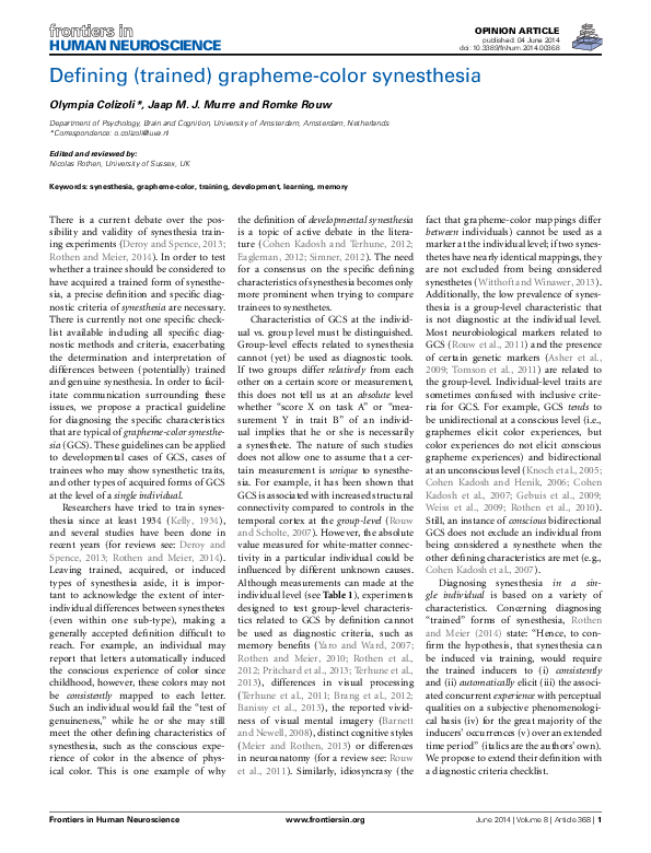 (PDF) Defining (trained) grapheme-color synesthesia