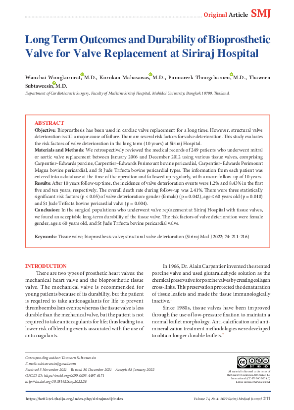 (PDF) Long Term Outcomes and Durability of Bioprosthetic Valve for ...